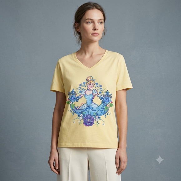 Disney Tops - Disney Cinderella Graphic T-Shirt Womens Medium Yellow V-Neck Floral Princess